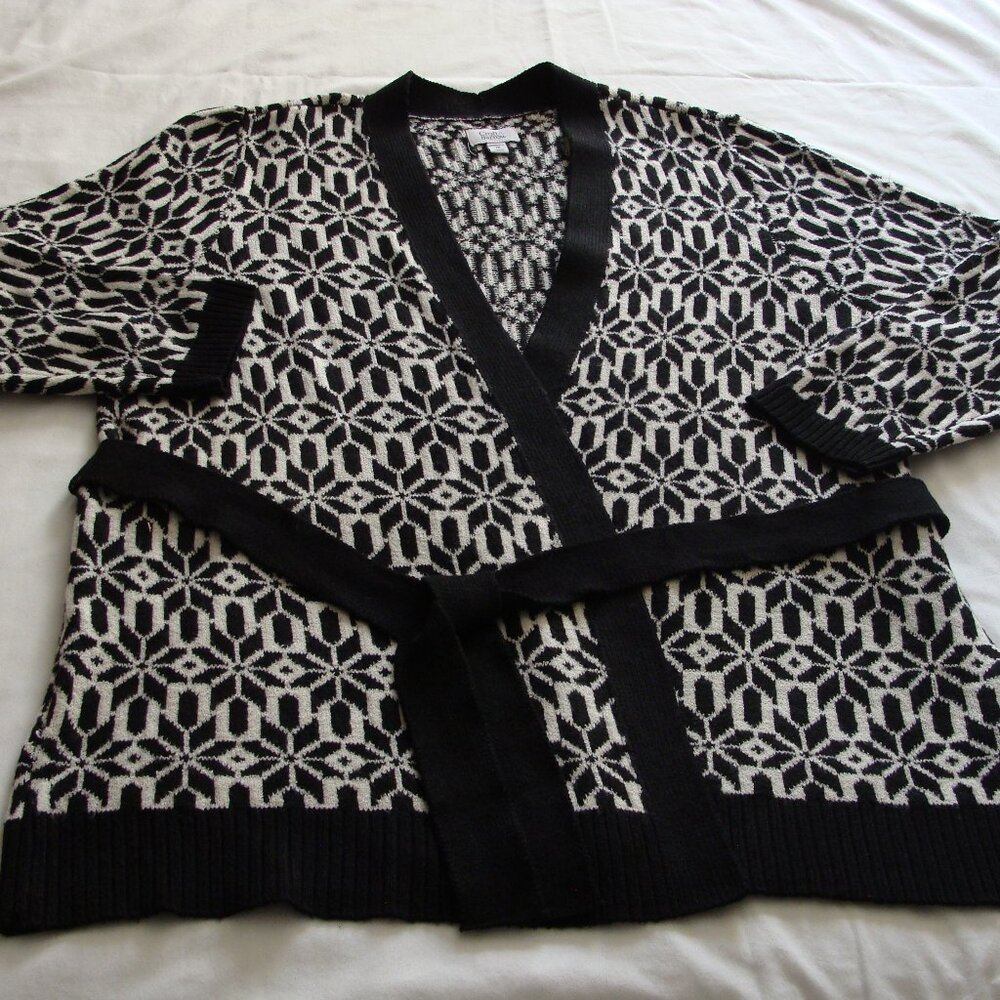 CROFT & BARROW Black & White Long Sleeve SQUISHY Belted CARDIGAN Sweater Sz 2X